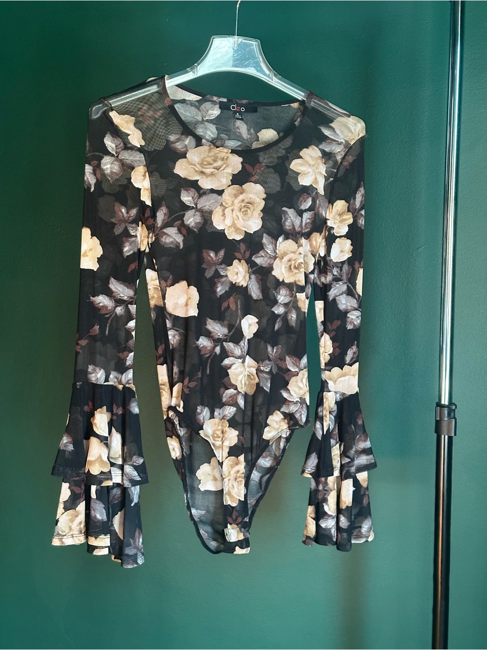 cleo Black Floral Mesh Bell-Sleeve Bodysuit with Cream Roses